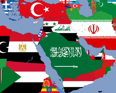 Map of the Middle East region with each country shown in its national flag